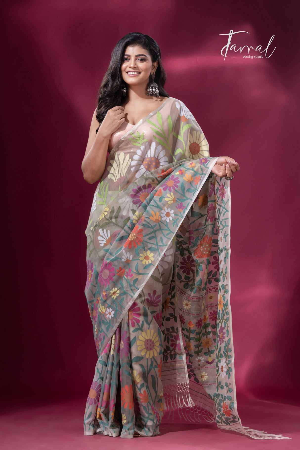 Offwhite with multicolour allover sunflower motifs muslin silk handwoven jamdani saree