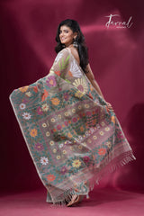 Offwhite with multicolour allover sunflower motifs muslin silk handwoven jamdani saree