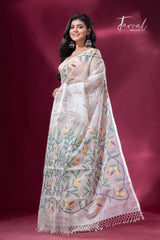 Offwhite with floral border muslin silk handwoven jamdani saree