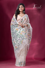 Offwhite with floral border muslin silk handwoven jamdani saree