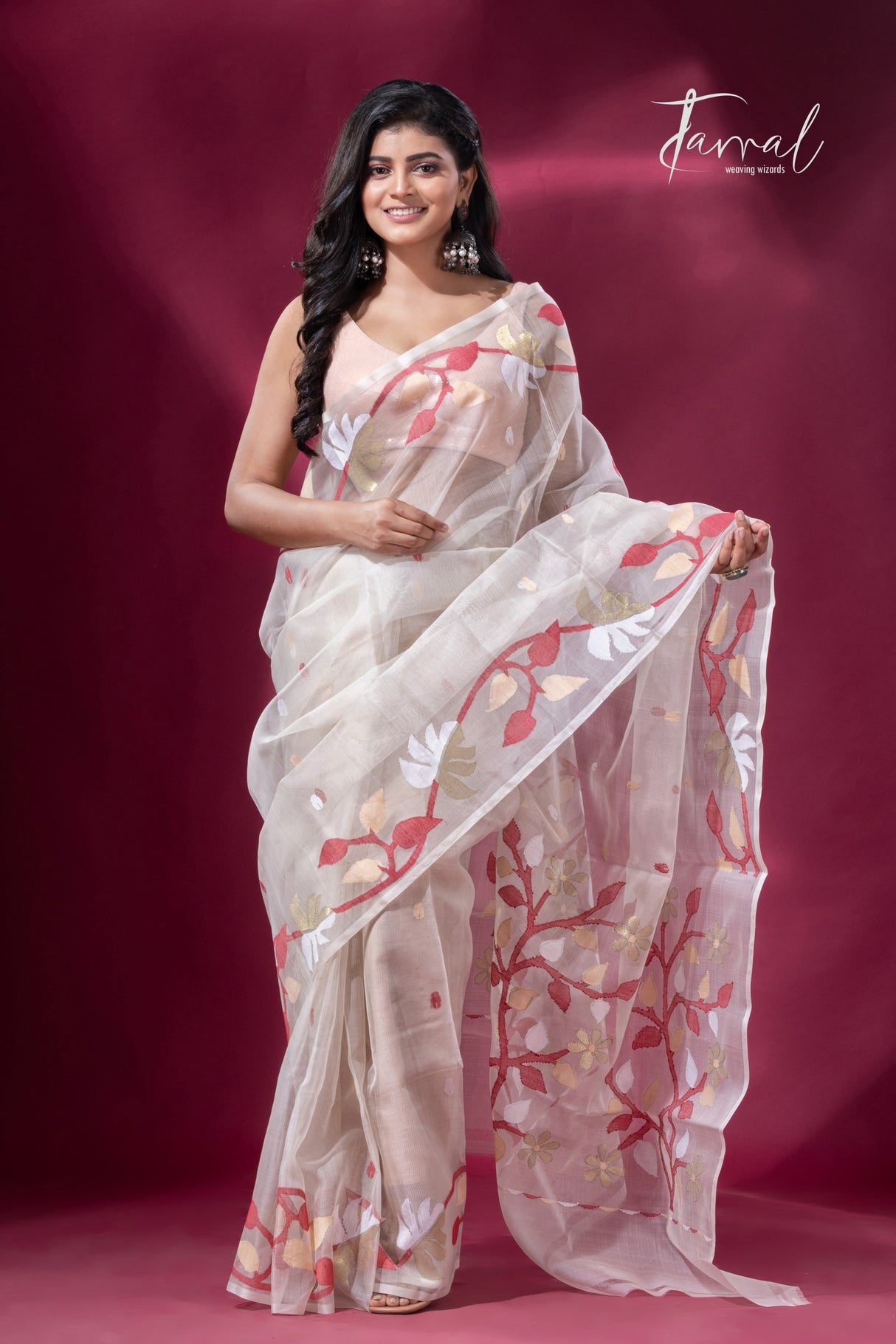 Offwhite with red & golden floral border muslin silk handwoven jamdani saree