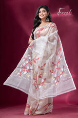 Offwhite with red & golden floral border muslin silk handwoven jamdani saree