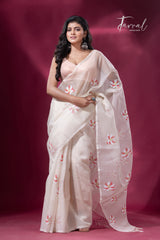 Offwhite with red & golden lotus motifs muslin silk handwoven jamdani saree