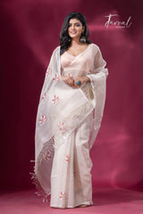 Offwhite with red & golden lotus motifs muslin silk handwoven jamdani saree