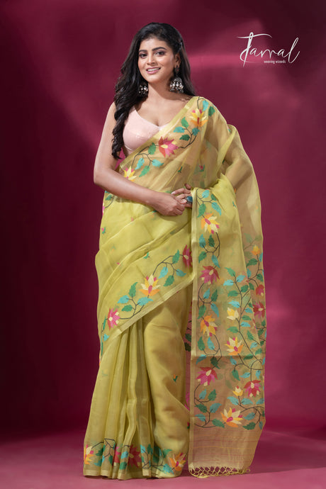 Lemon greenish yellow floral border muslin silk handwoven jamdani saree