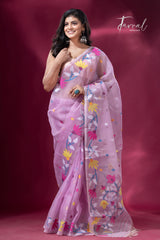 Light Pink with multicolor floral motifs handwoven muslin silk jamdani saree