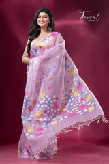 Light Pink with multicolor floral motifs handwoven muslin silk jamdani saree