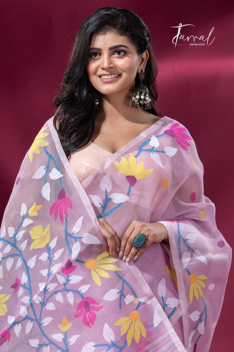 Light Pink with multicolor floral motifs handwoven muslin silk jamdani saree