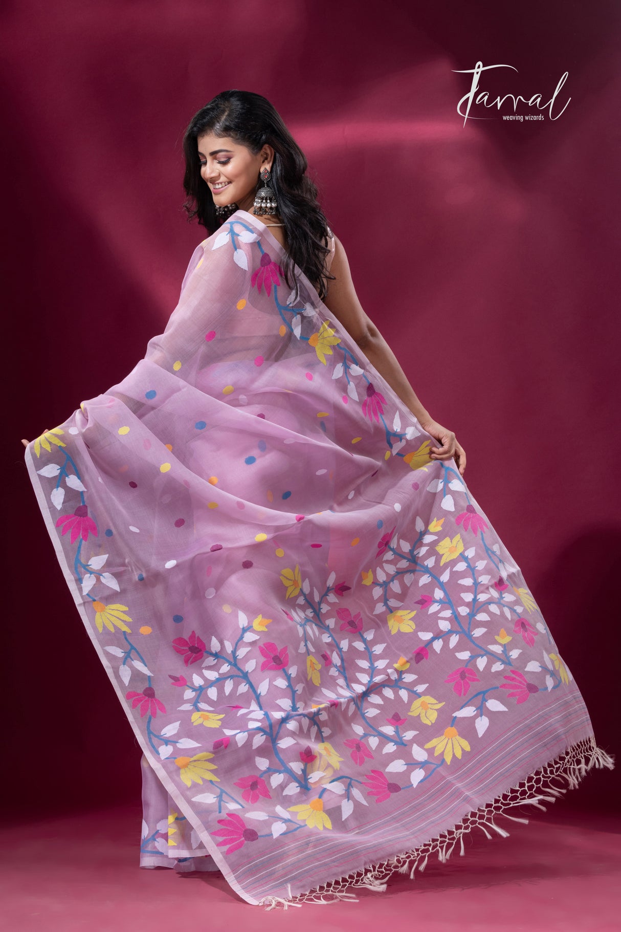 Light Pink with multicolor floral motifs handwoven muslin silk jamdani saree