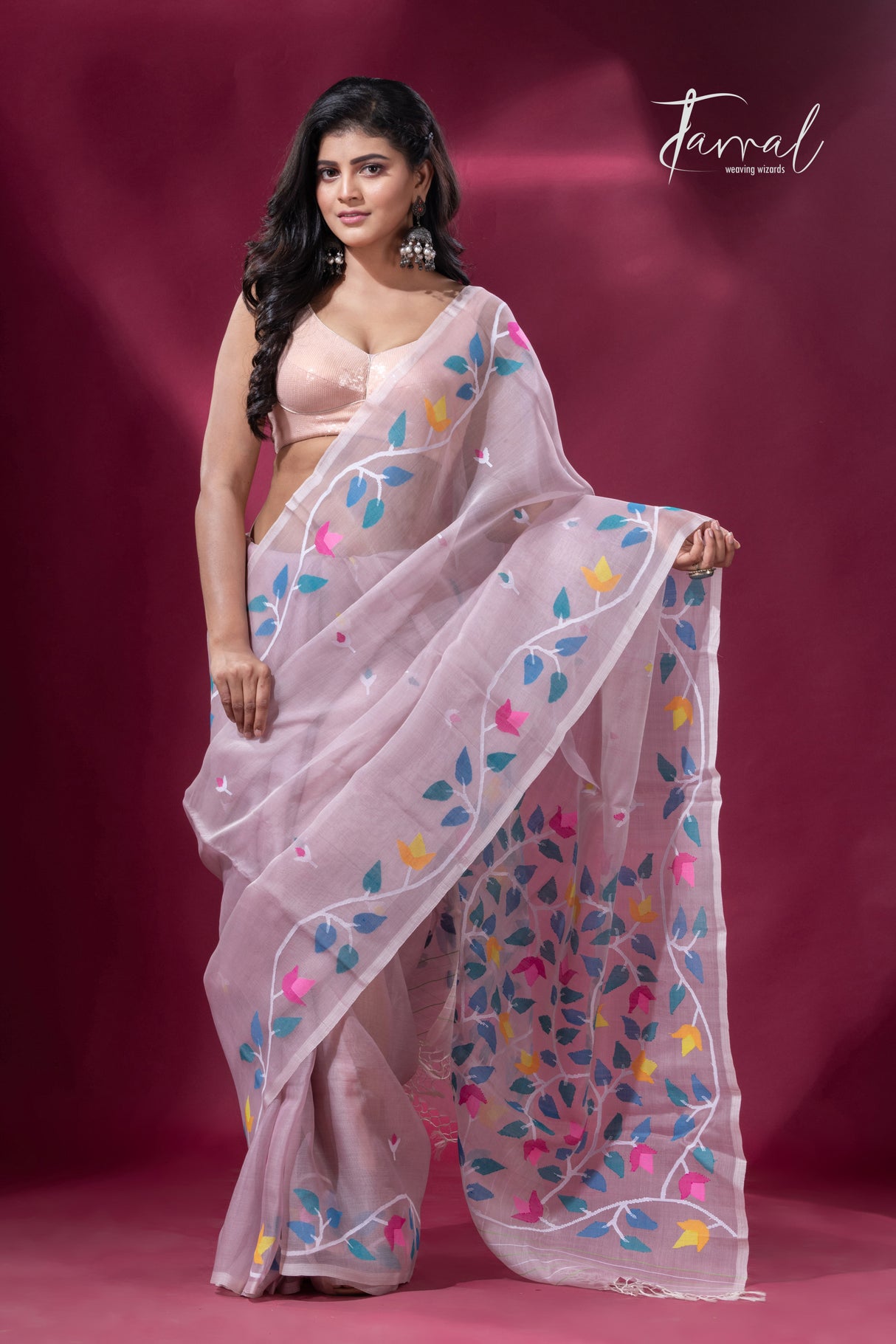 Dust pink with multicolour muslin silk floral handwoven jamdani saree