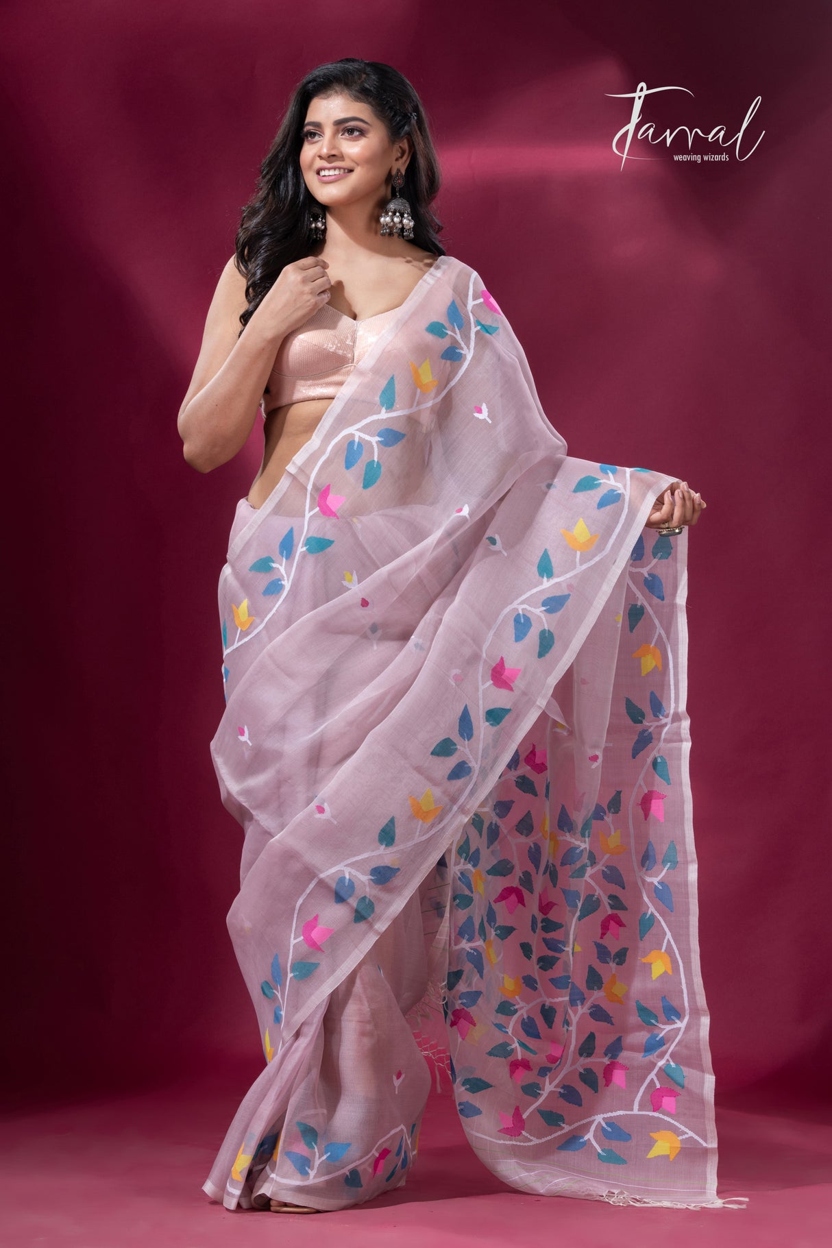 Dust pink with multicolour muslin silk floral handwoven jamdani saree