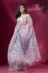 Dust pink with multicolour muslin silk floral handwoven jamdani saree