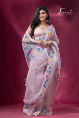 Dust pink with multicolour muslin silk floral handwoven jamdani saree