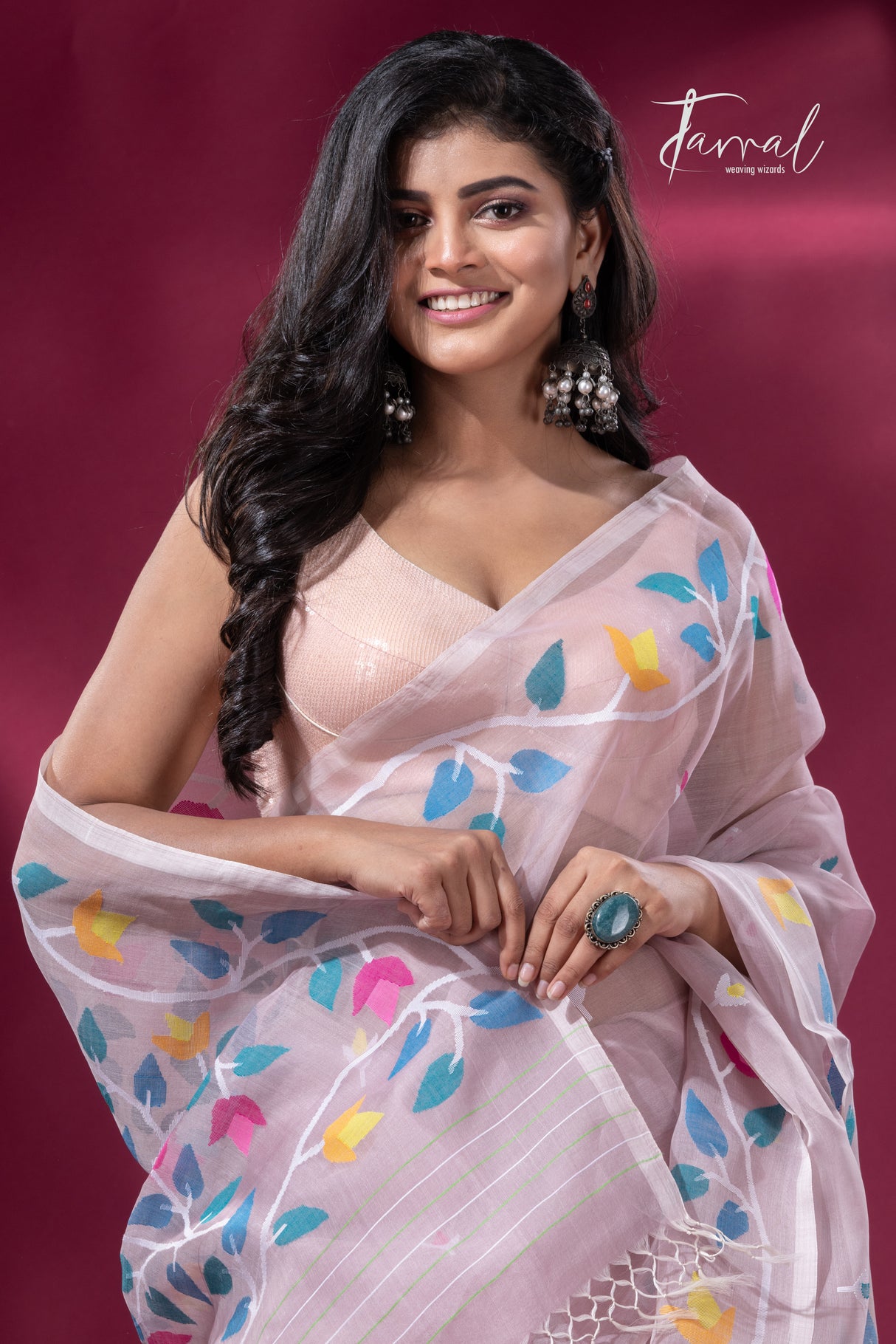 Dust pink with multicolour muslin silk floral handwoven jamdani saree