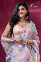 Dust pink with multicolour muslin silk floral handwoven jamdani saree