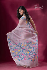 Dust pink with multicolour muslin silk floral handwoven jamdani saree