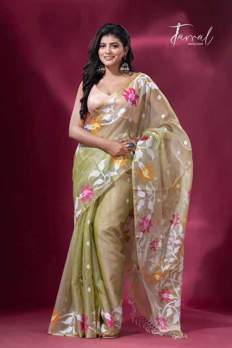 Light mehendi green floral border muslin silk handwoven jamdani saree