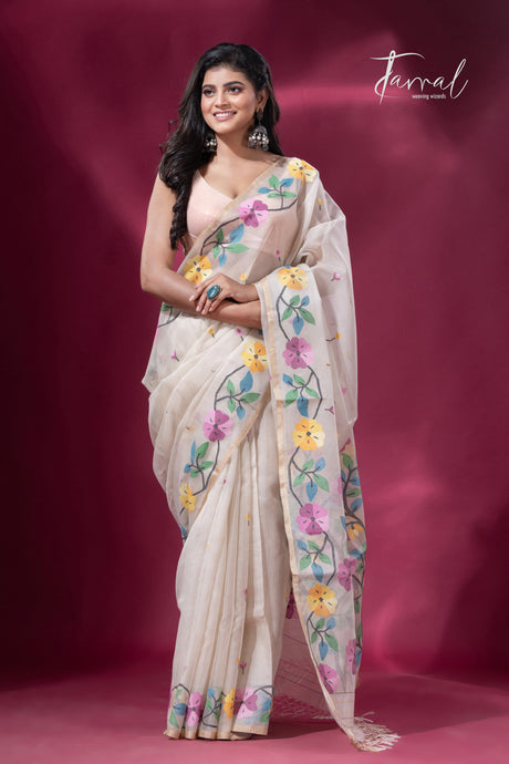 Offwhite with multicolour floral elegance muslin silk handwoven jamdani saree