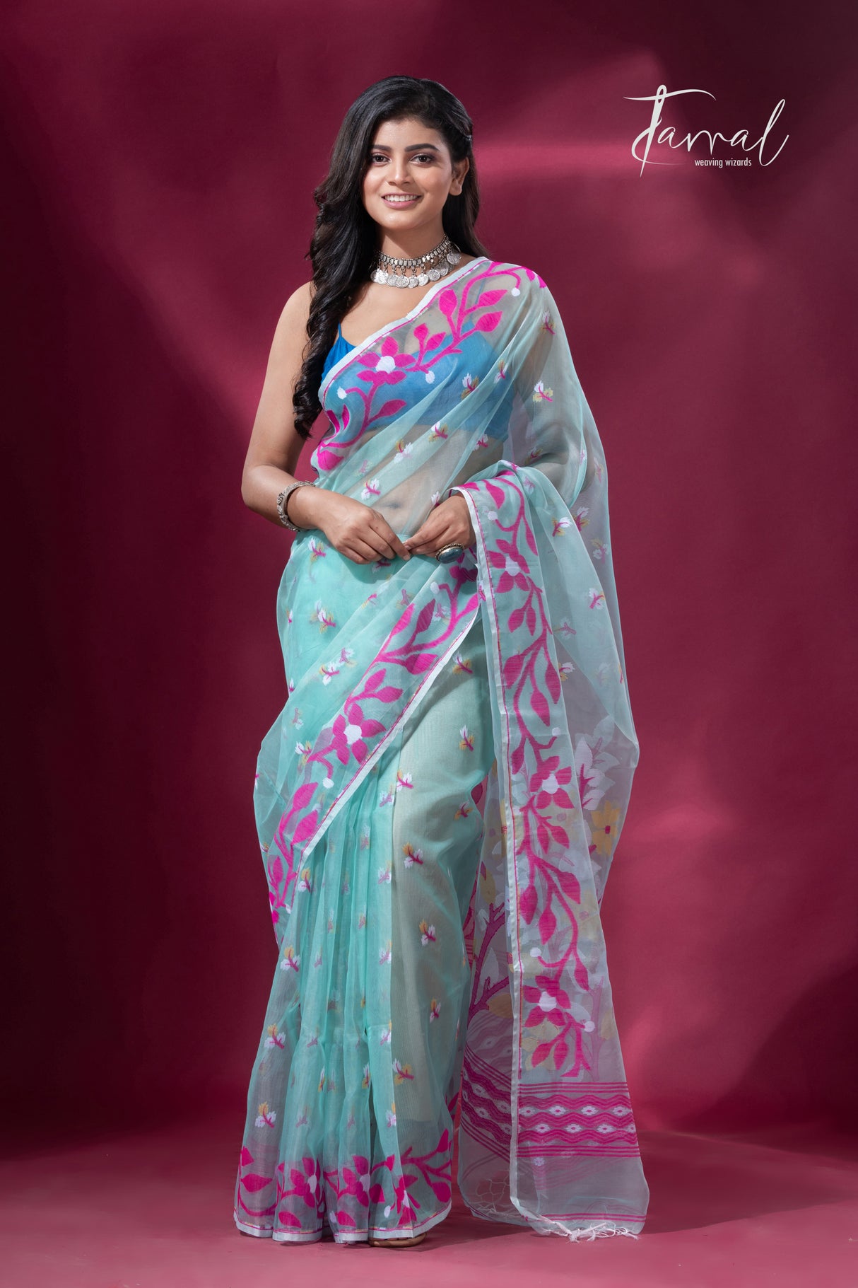 Sea green with Rani lata soft muslin handloom dhakai jamdani saree