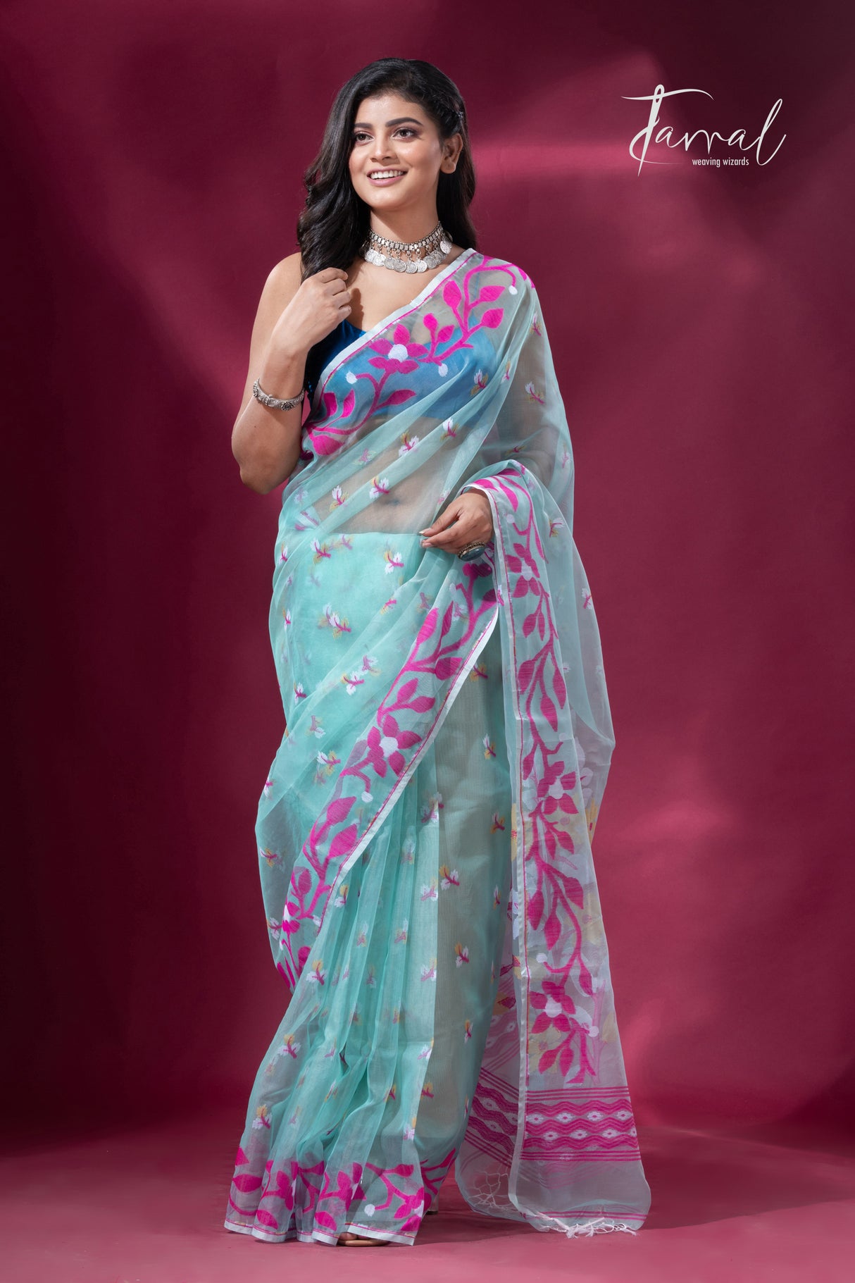 Sea green with Rani lata soft muslin handloom dhakai jamdani saree