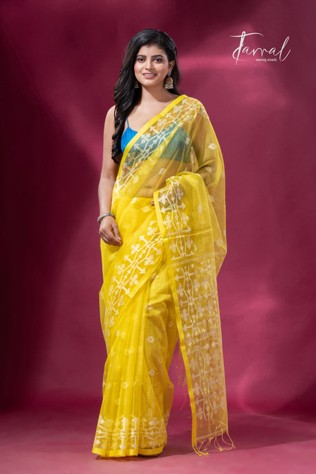 Light yellow handloom jacquard work handloom organza muslin silk jamdani saree