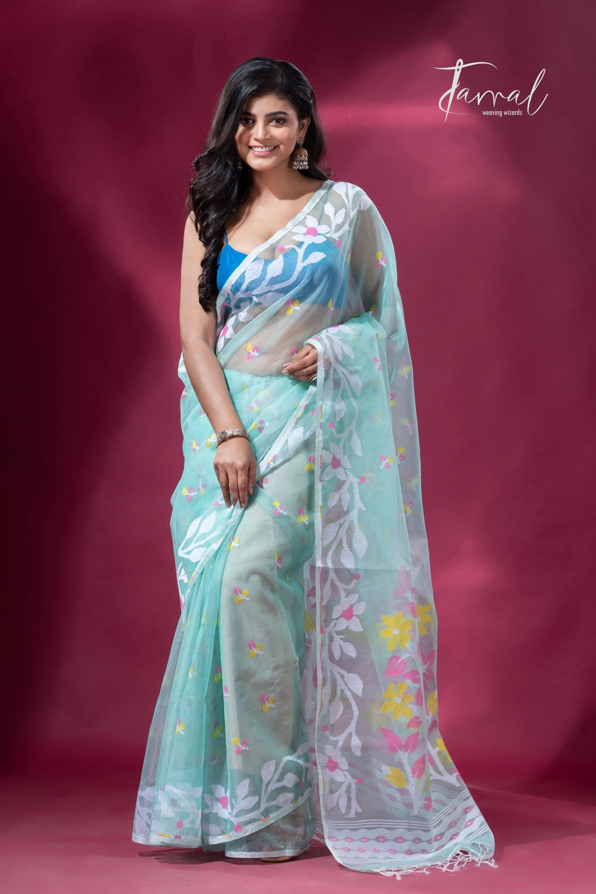 Light Sea Breeze Elegance muslin silk jacquard handloom soft dhakai jamdani saree