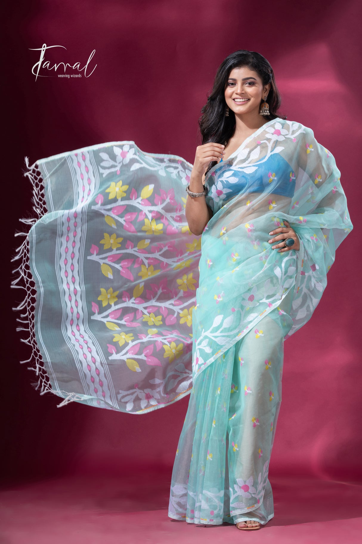 Light Sea Breeze Elegance muslin silk jacquard handloom soft dhakai jamdani saree