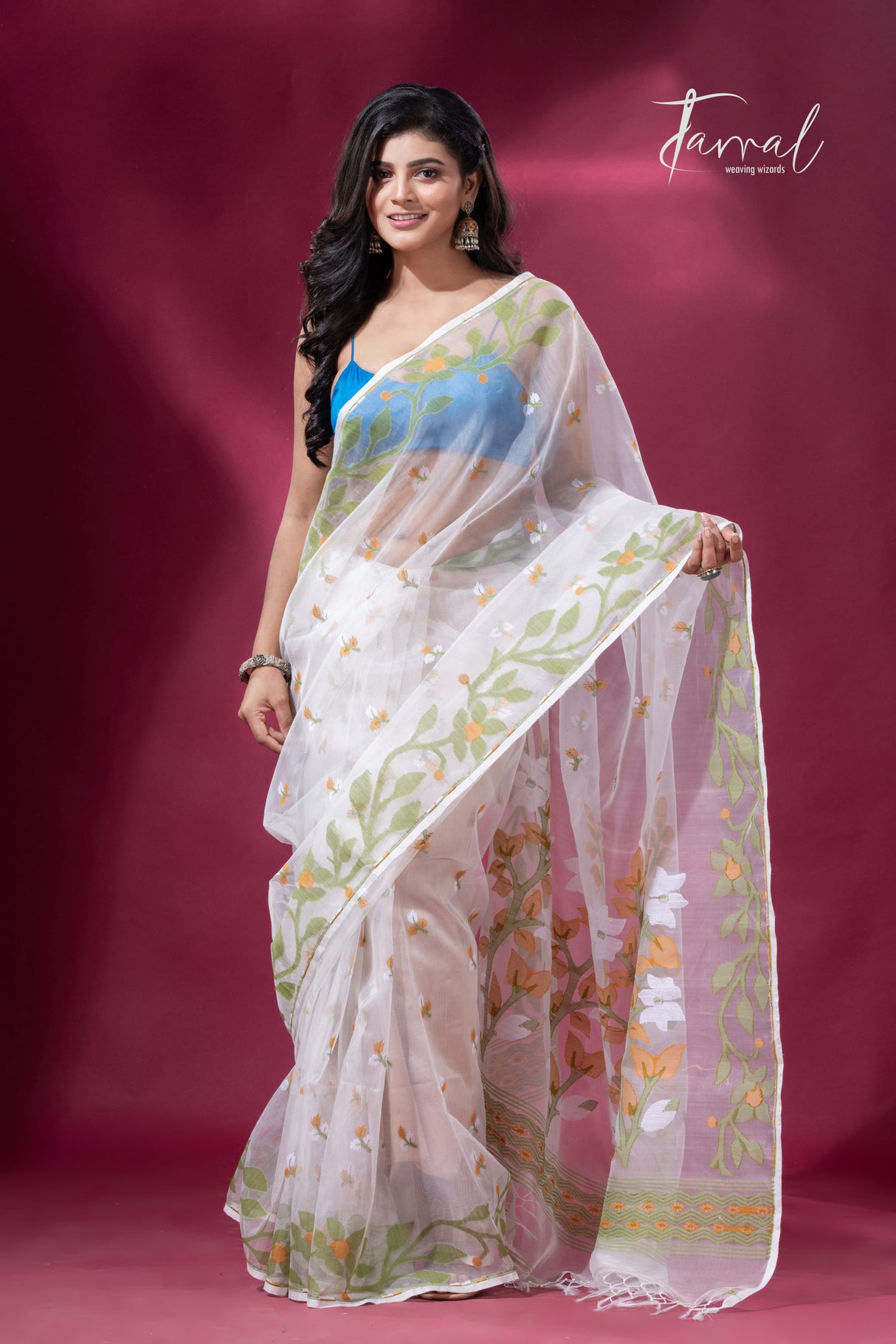 Off white with green Ethereal Blossom muslin silk jacquard handloom soft dhakai jamdani saree