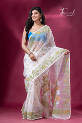 Off white with green Ethereal Blossom muslin silk jacquard handloom soft dhakai jamdani saree