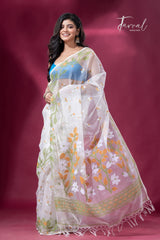 Off white with green Ethereal Blossom muslin silk jacquard handloom soft dhakai jamdani saree