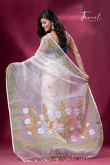 Off white with green Ethereal Blossom muslin silk jacquard handloom soft dhakai jamdani saree