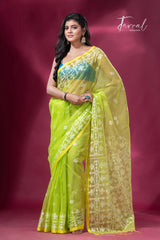 Greenish yellow handloom jacquard work handloom organza muslin silk jamdani saree