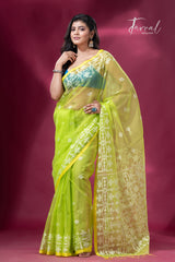 Greenish yellow handloom jacquard work handloom organza muslin silk jamdani saree