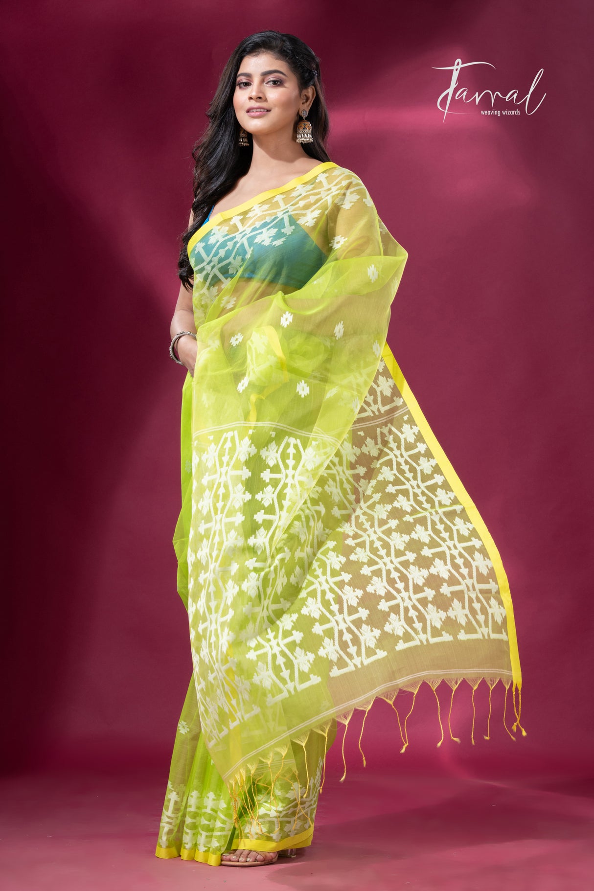 Greenish yellow handloom jacquard work handloom organza muslin silk jamdani saree