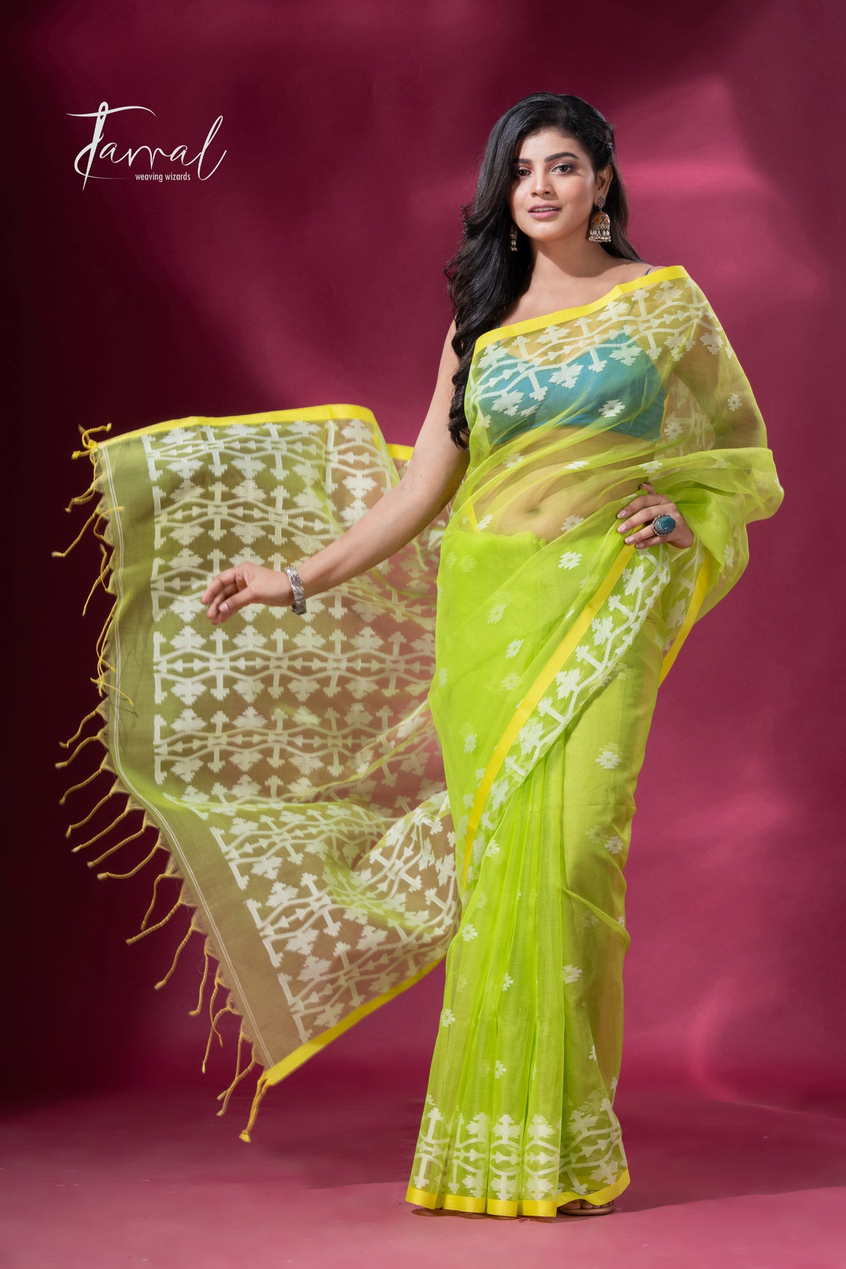 Greenish yellow handloom jacquard work handloom organza muslin silk jamdani saree