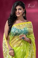 Greenish yellow handloom jacquard work handloom organza muslin silk jamdani saree