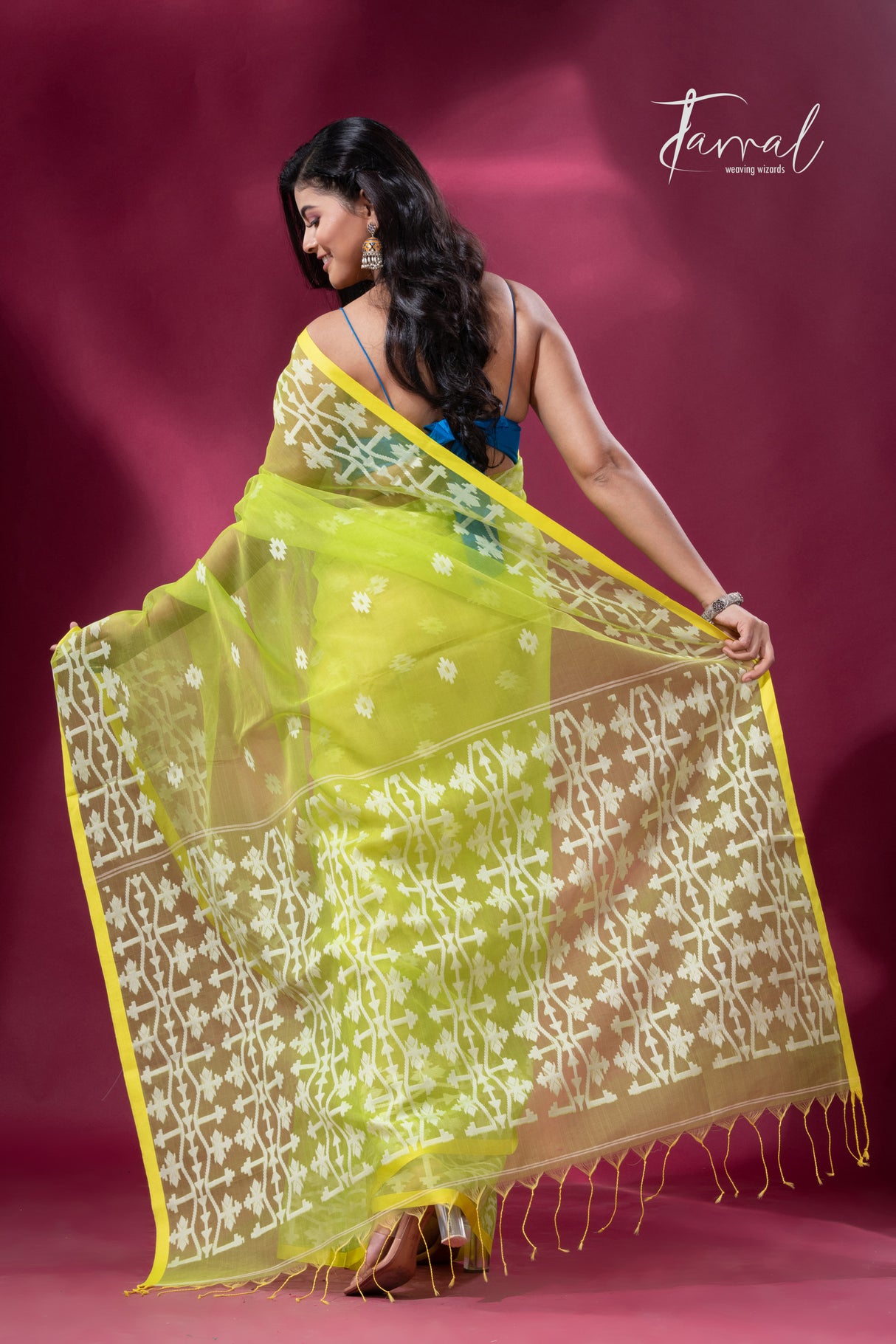 Greenish yellow handloom jacquard work handloom organza muslin silk jamdani saree