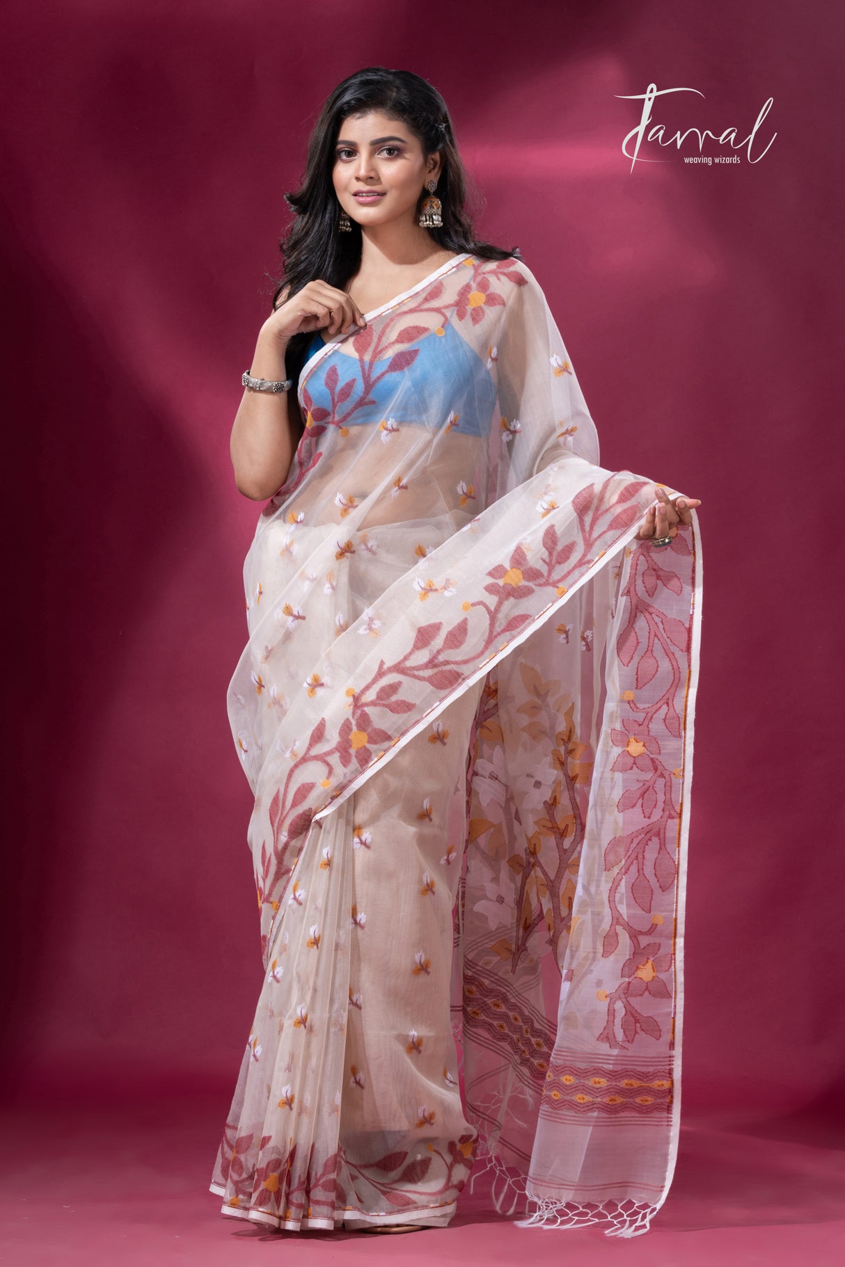 Light muga with maroon lata soft muslin handloom dhakai jamdani saree