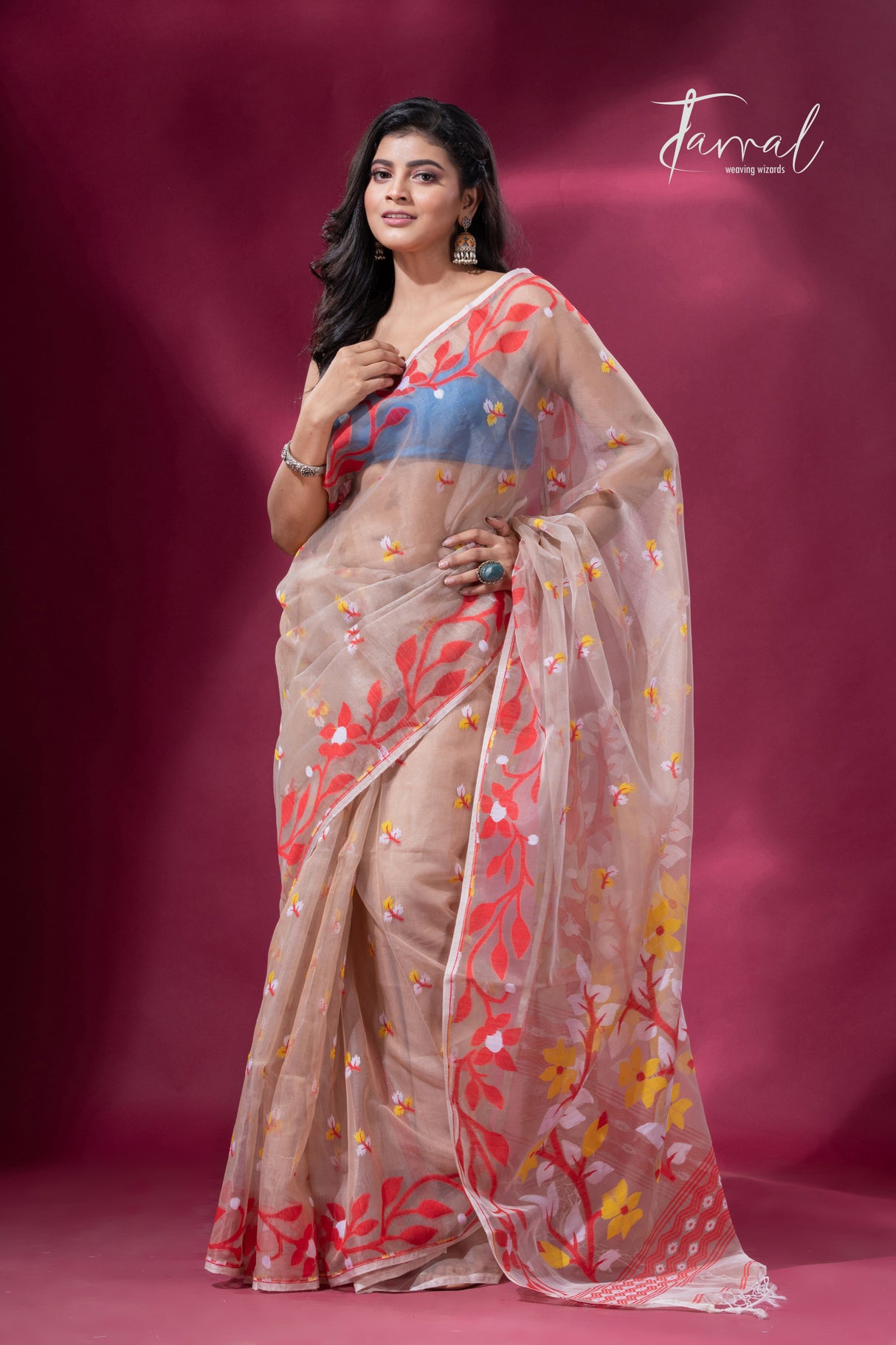 Biscuit with red lata soft muslin handloom dhakai jamdani saree