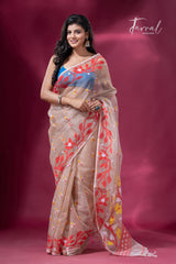 Biscuit with red lata soft muslin handloom dhakai jamdani saree