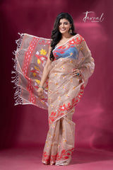 Biscuit with red lata soft muslin handloom dhakai jamdani saree