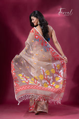 Biscuit with red lata soft muslin handloom dhakai jamdani saree