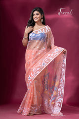 Deep Pech with whiteEthereal Blossom muslin silk jacquard handloom soft dhakai jamdani saree