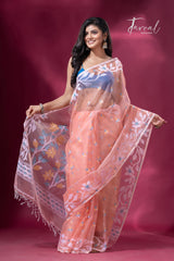 Deep Pech with whiteEthereal Blossom muslin silk jacquard handloom soft dhakai jamdani saree