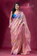 Dust Pink with purple border allover floral motifs handwoven jamdani saree