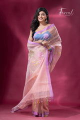 Dust Pink with purple border allover floral motifs handwoven jamdani saree