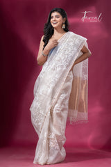 Offwhite allover floral handwoven jamdani in muslin silk saree