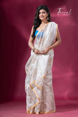 Offwhite self with allover Zari Floral Elegance handwoven jamdani saree