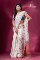 Offwhite with red pallu half silk half linen handwoven jamdani saree