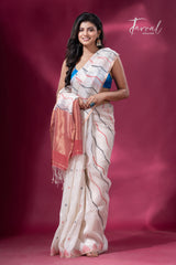 Offwhite with red pallu half silk half linen handwoven jamdani saree